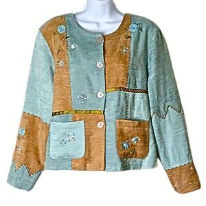 Vintage Y2K Womens Patchwork Blazer Size L Cottagecore Embroider Floral Applique